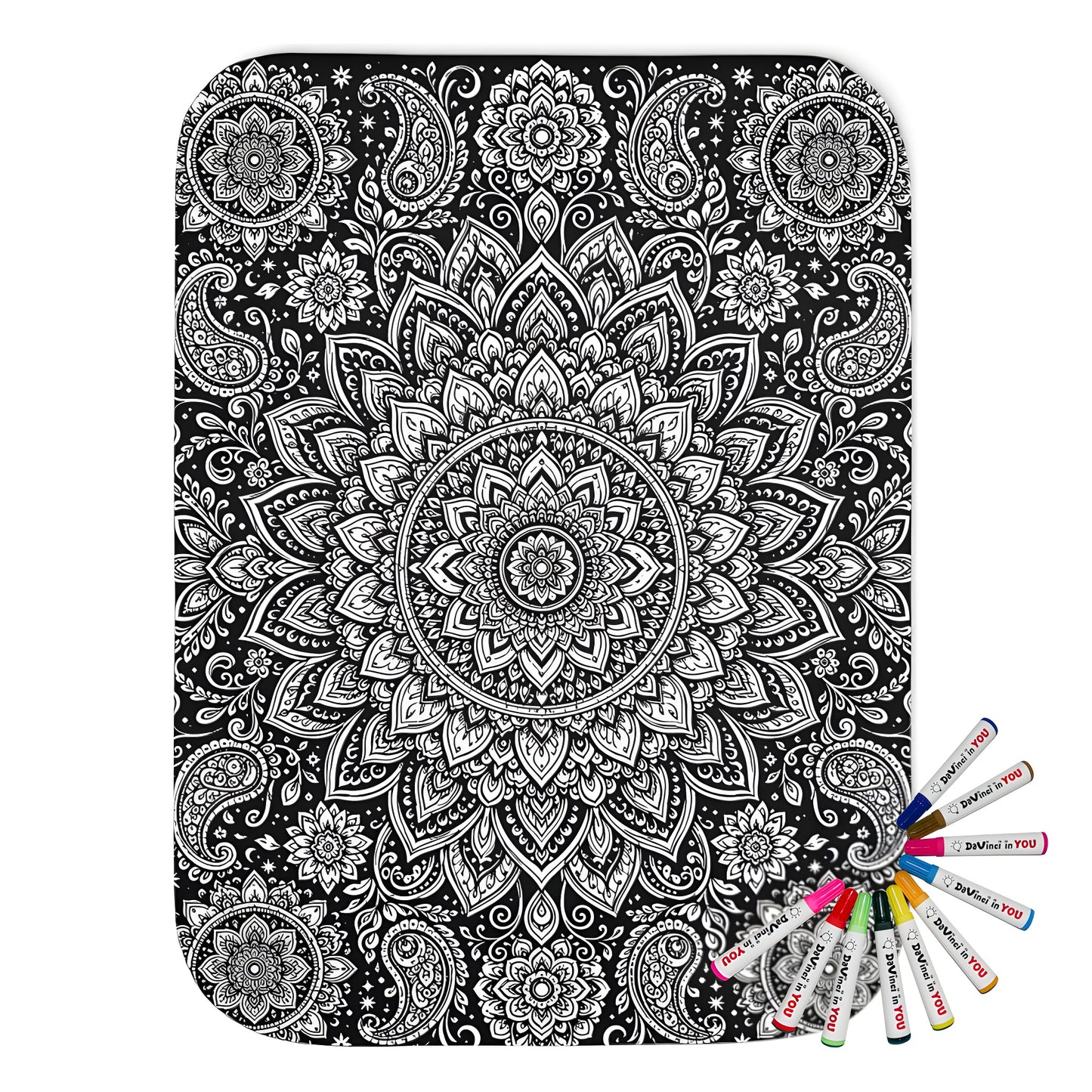 Paisley Flower Mandala Sherpa Blanket coloring kit mockup with polyester and graphic print