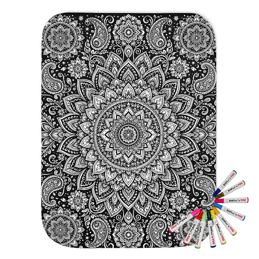 Paisley Flower Mandala Sherpa Blanket coloring kit mockup with polyester and graphic print
