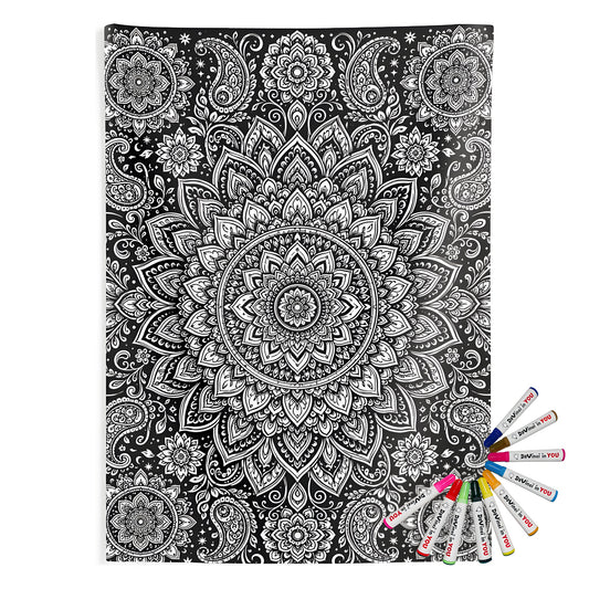 Paisley Flower Mandala Indoor Wall Tapestry coloring kit mockup with polyester and graphic print