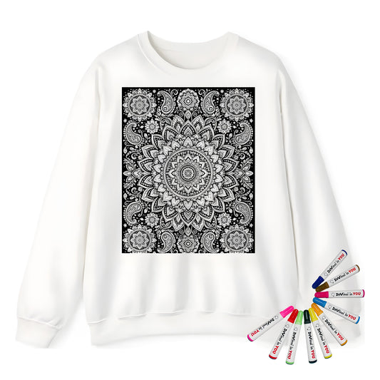 Paisley Flower Mandala Adult Crewneck Sweatshirt coloring kit mockup with white base, cotton/polyester blend, and graphic print