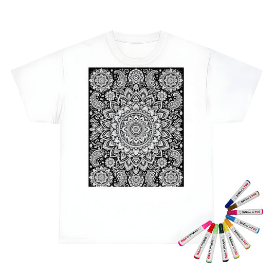 Paisley Flower Mandala Kids T-Shirt coloring kit mockup with white base, cotton, and graphic print