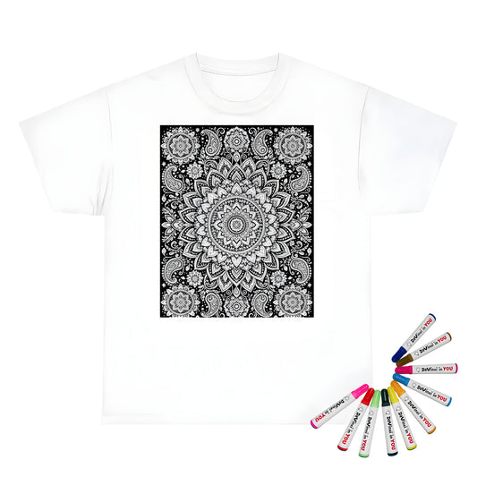 Paisley Flower Mandala Unisex T-Shirt coloring kit mockup with white base, cotton, and graphic print
