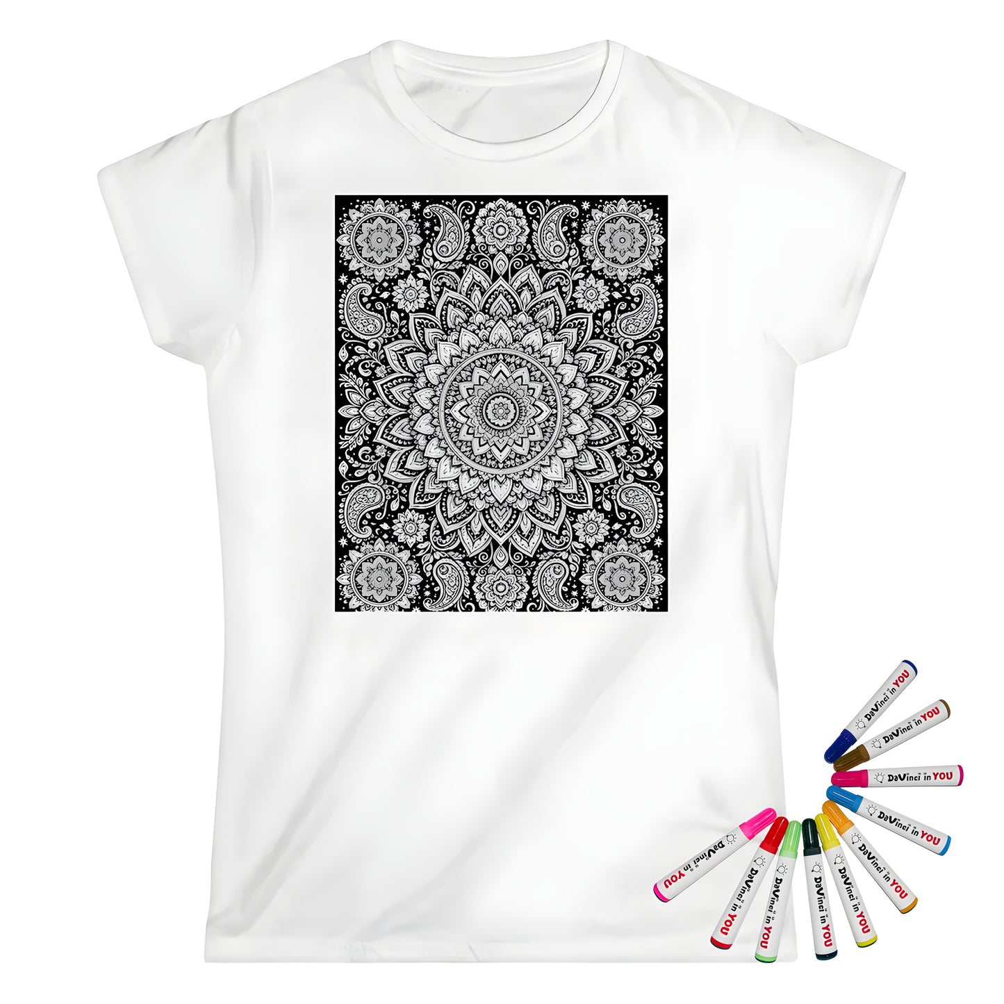 Paisley Flower Mandala Womens T-Shirt coloring kit mockup with white base, cotton, and graphic print