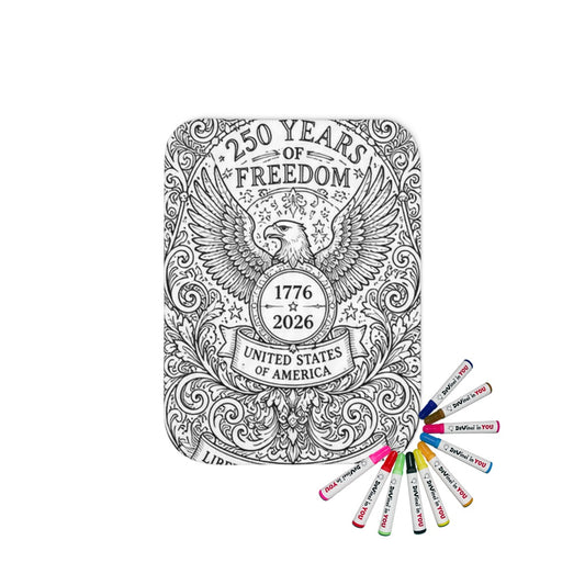 Sherpa coloring blanket with fabric markers featuring a patriotic eagle design
