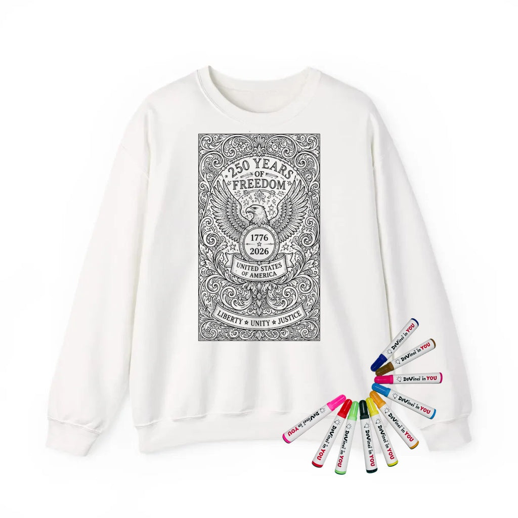 Patriotic Eagle Adult Crewneck Sweatshirt coloring kit mockup with white base, cotton/polyester blend, and graphic print