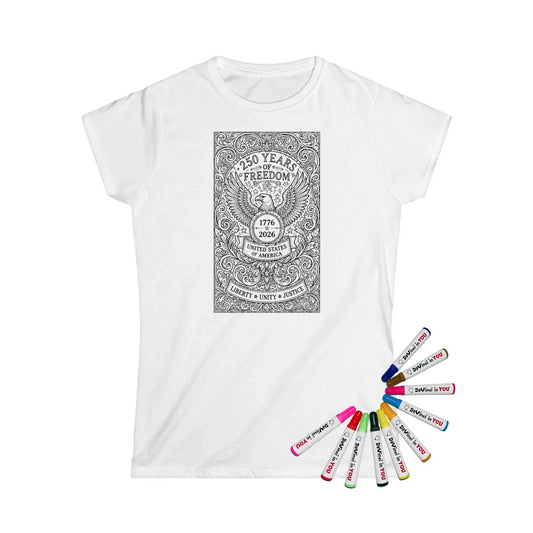 Patriotic Eagle Womens T-Shirt coloring kit mockup with white base, cotton, and graphic print