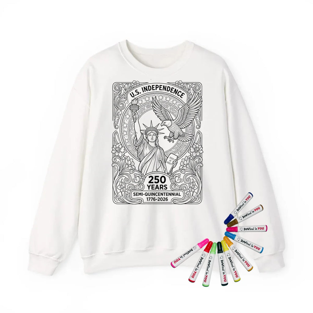 Patriotic for U S Independence Adult Crewneck Sweatshirt coloring kit mockup with white base, cotton/polyester blend, and graphic print