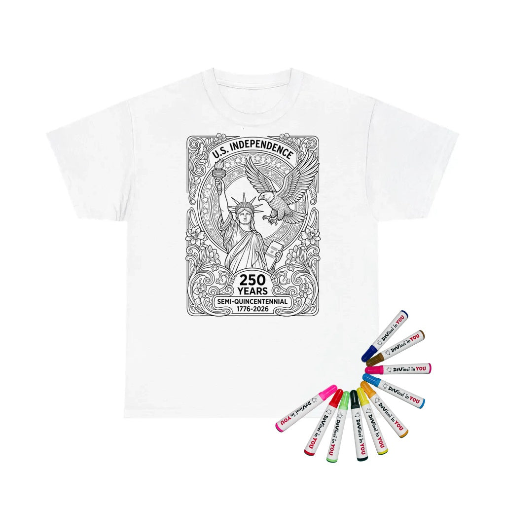 Patriotic for U S Independence Kids T-Shirt coloring kit mockup with white base, cotton, and graphic print