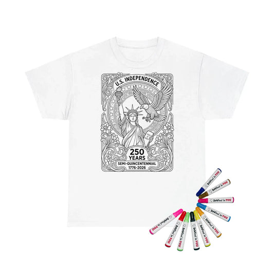 Patriotic for U S Independence Kids T-Shirt coloring kit mockup with white base, cotton, and graphic print