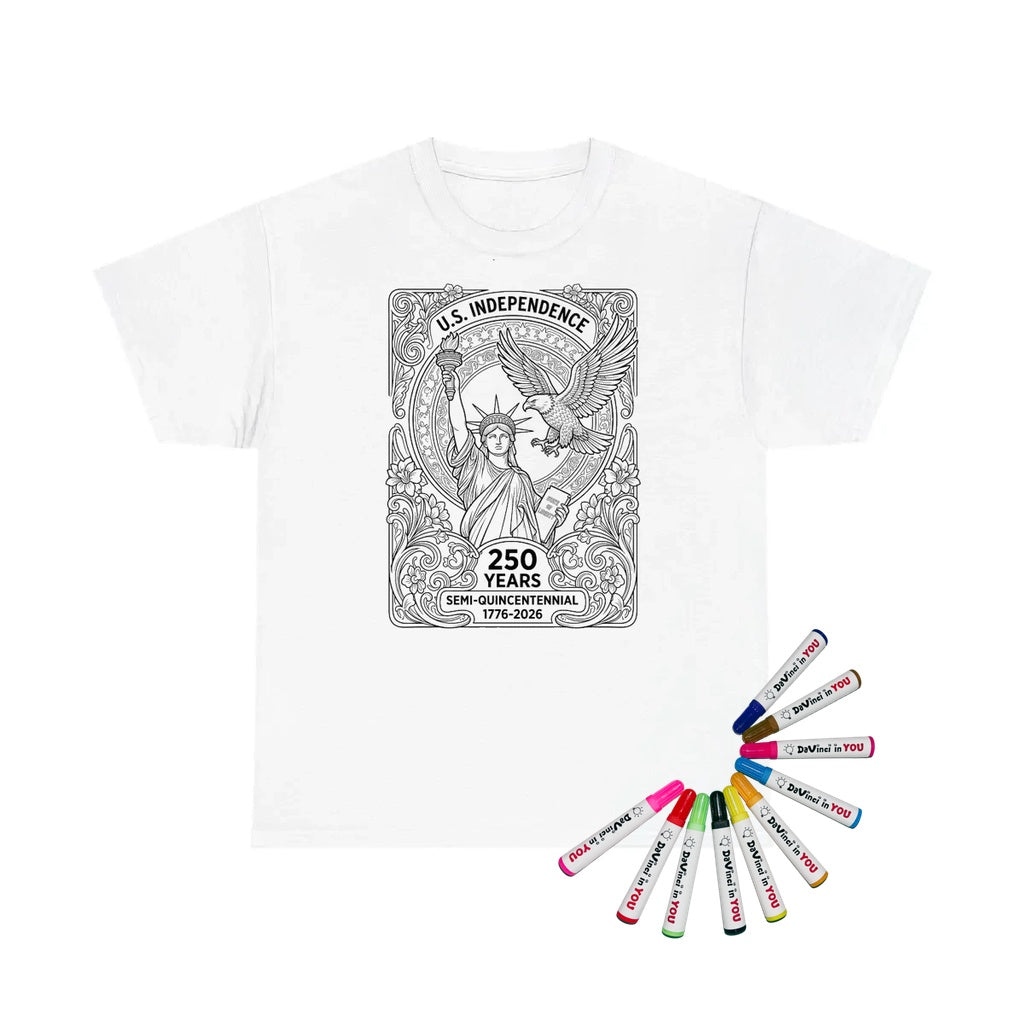 Patriotic for U S Independence Unisex T-Shirt coloring kit mockup with white base, cotton, and graphic print