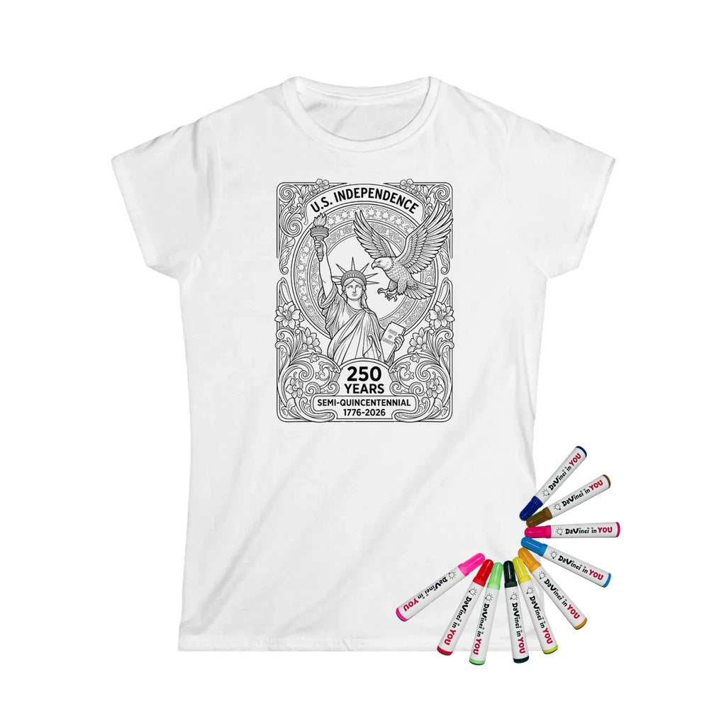 Patriotic for U S Independence Womens T-Shirt coloring kit mockup with white base, cotton, and graphic print
