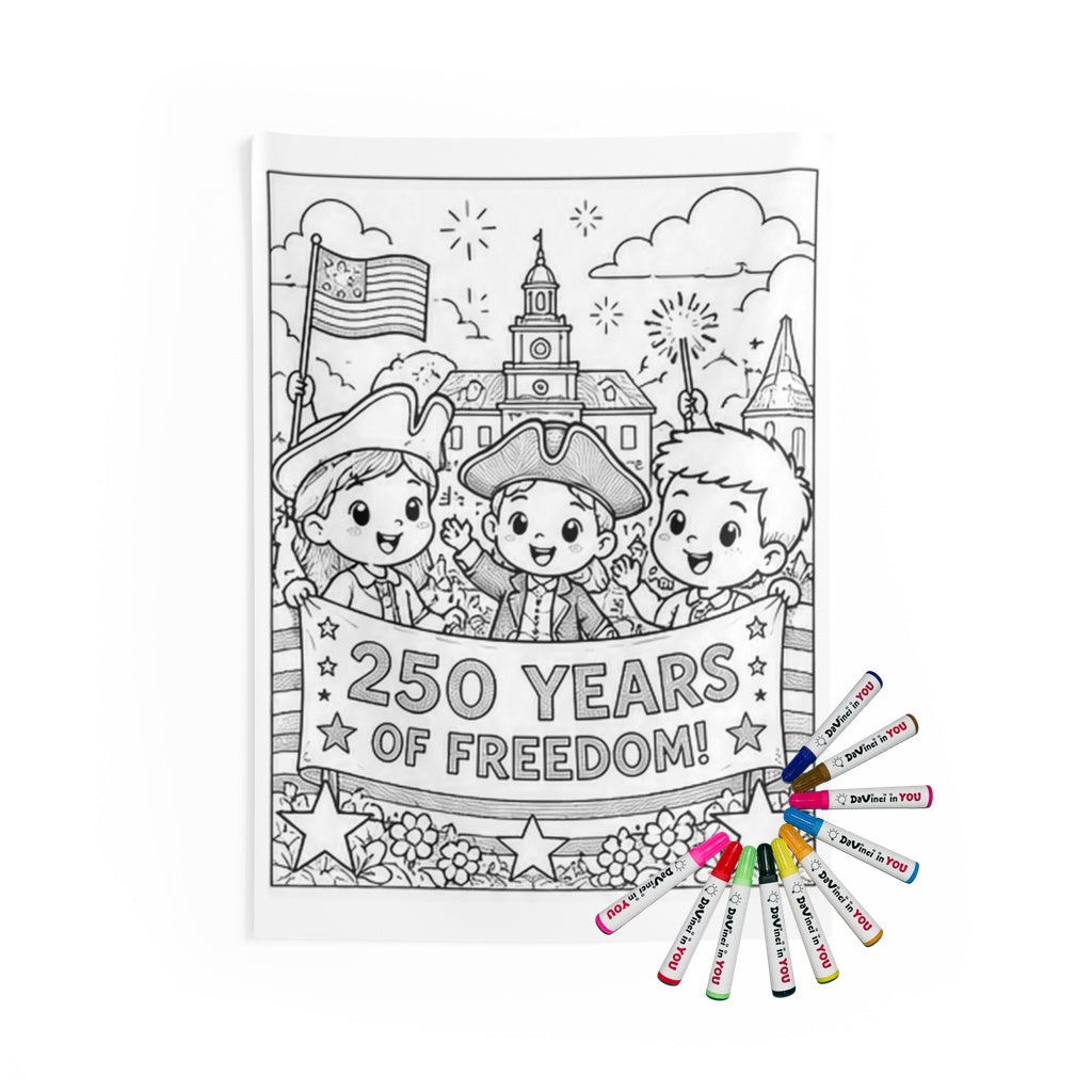 Patriotic Kids Indoor Wall Tapestry coloring kit mockup with polyester and graphic print
