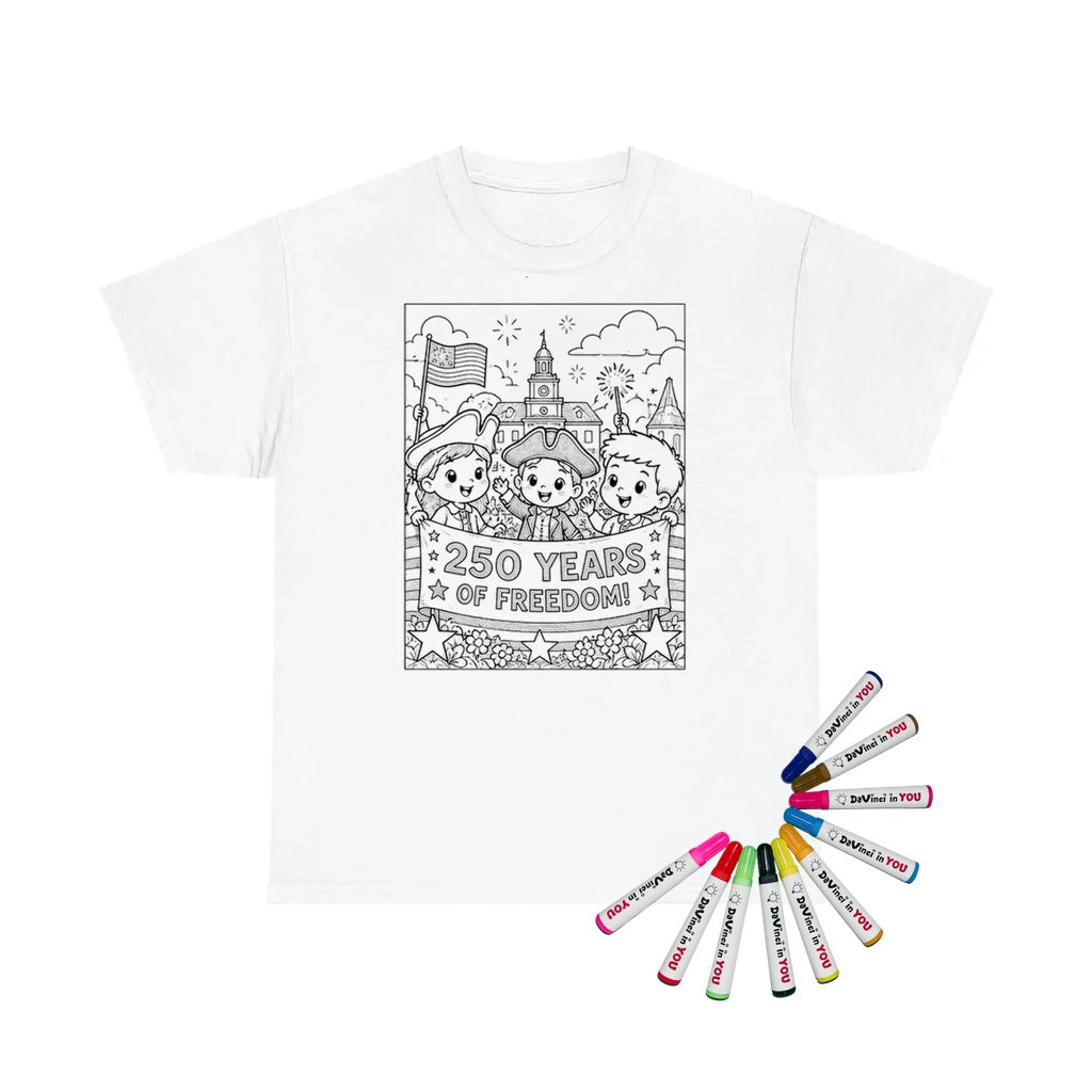 Patriotic Kids Unisex T-Shirt coloring kit mockup with white base, cotton, and graphic print