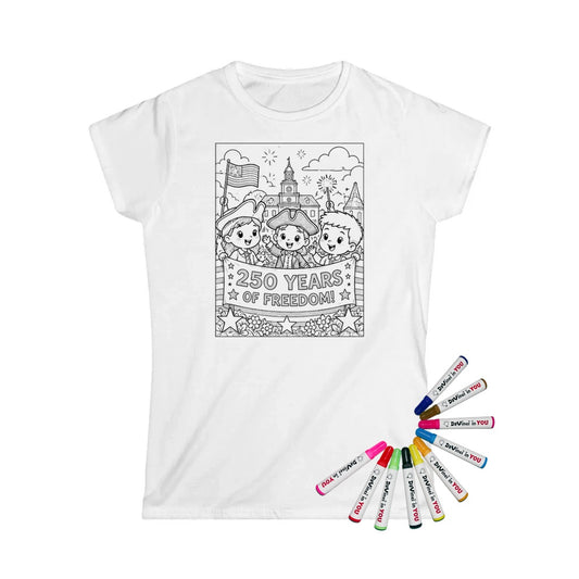 Patriotic Kids Womens T-Shirt coloring kit mockup with white base, cotton, and graphic print