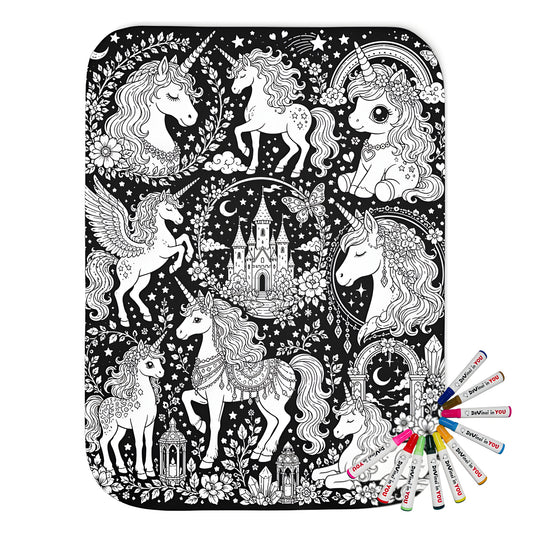 Rainbow Unicorn Dreamscape Sherpa Blanket coloring kit mockup with polyester and graphic print