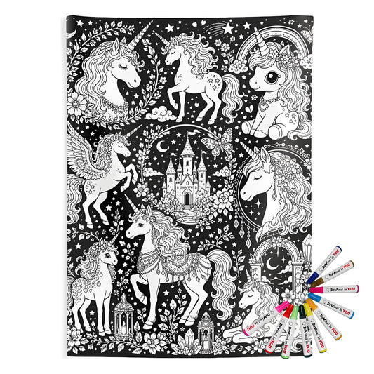 Rainbow Unicorn Dreamscape Indoor Wall Tapestry coloring kit mockup with polyester and graphic print