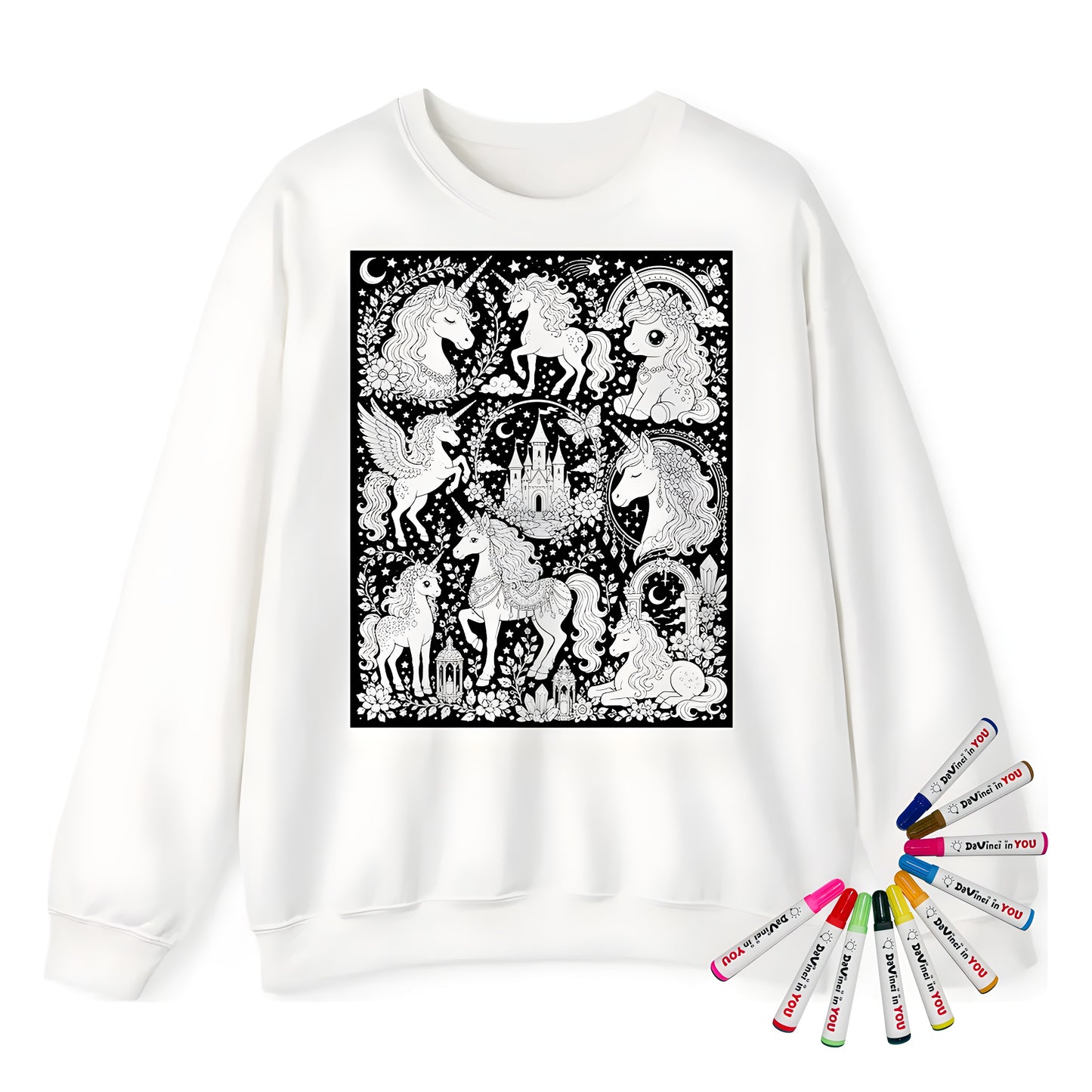 Rainbow Unicorn Dreamscape Adult Crewneck Sweatshirt coloring kit mockup with white base, cotton/polyester blend, and graphic print