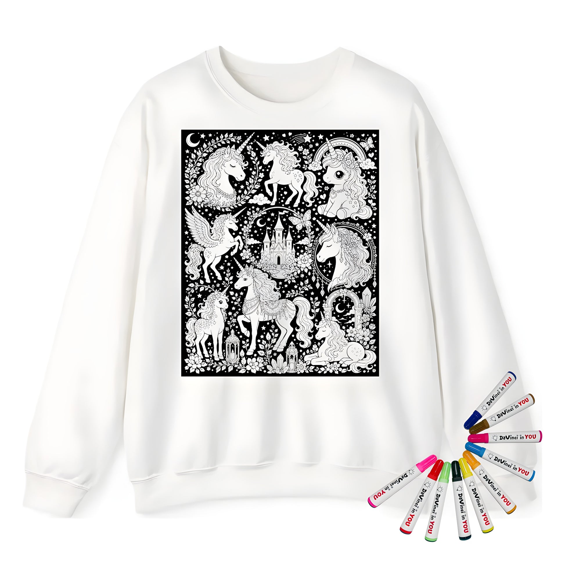 Rainbow Unicorn Dreamscape Adult Crewneck Sweatshirt coloring kit mockup with white base, cotton/polyester blend, and graphic print