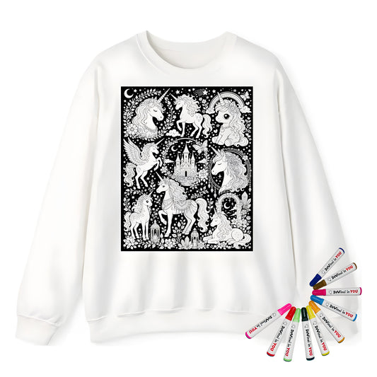 Rainbow Unicorn Dreamscape Adult Crewneck Sweatshirt coloring kit mockup with white base, cotton/polyester blend, and graphic print