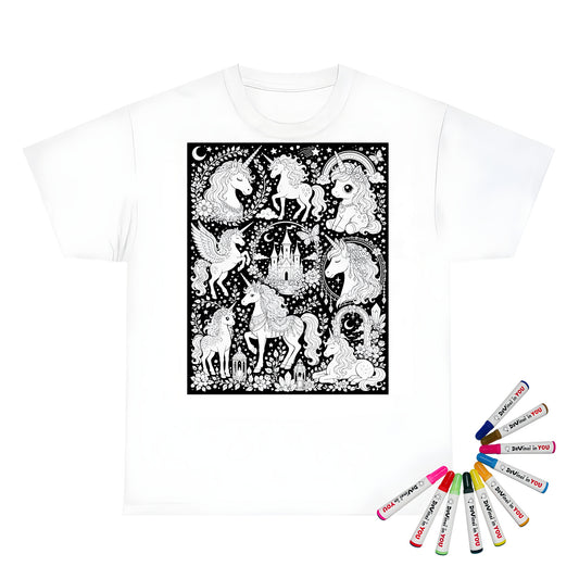 Rainbow Unicorn Dreamscape Kids T-Shirt coloring kit mockup with white base, cotton, and graphic print