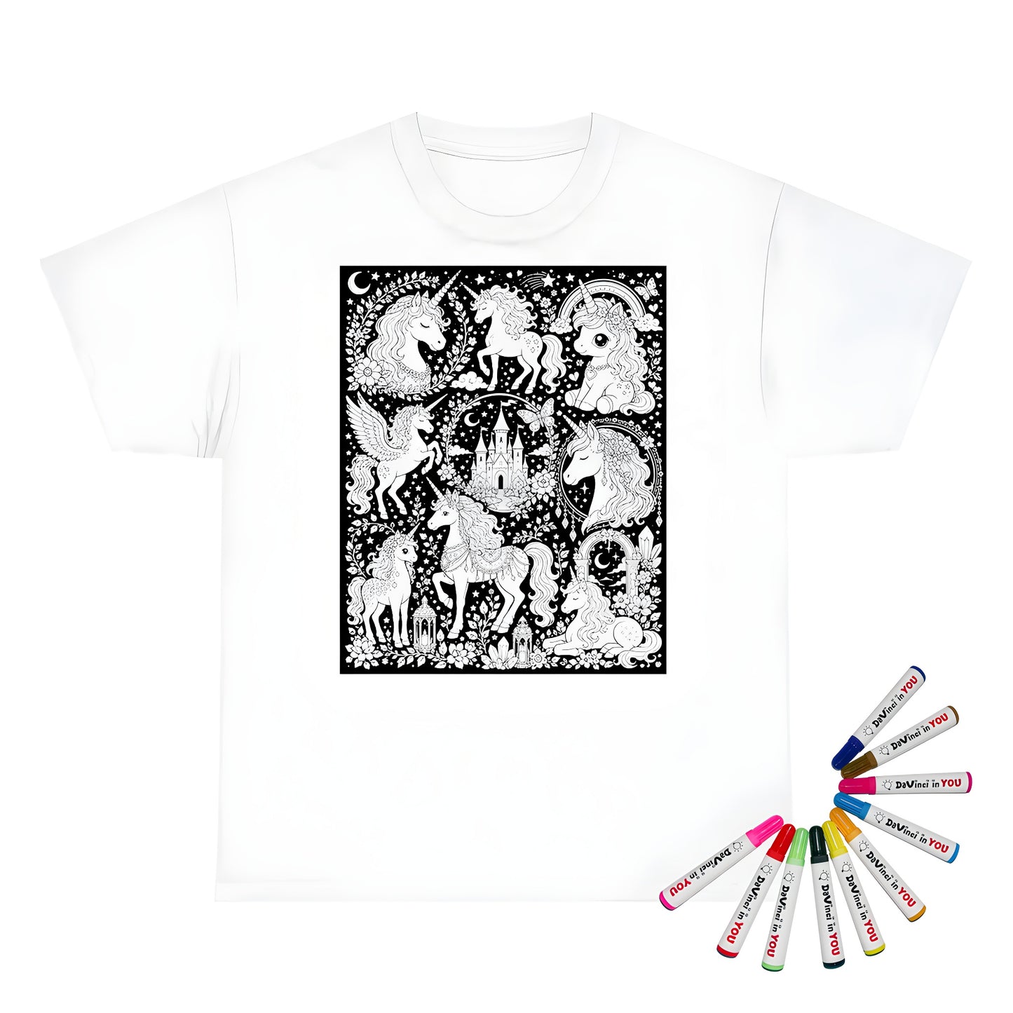 Rainbow Unicorn Dreamscape Unisex T-Shirt coloring kit mockup with white base, cotton, and graphic print
