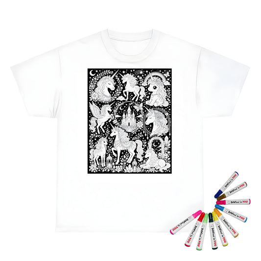 Rainbow Unicorn Dreamscape Unisex T-Shirt coloring kit mockup with white base, cotton, and graphic print