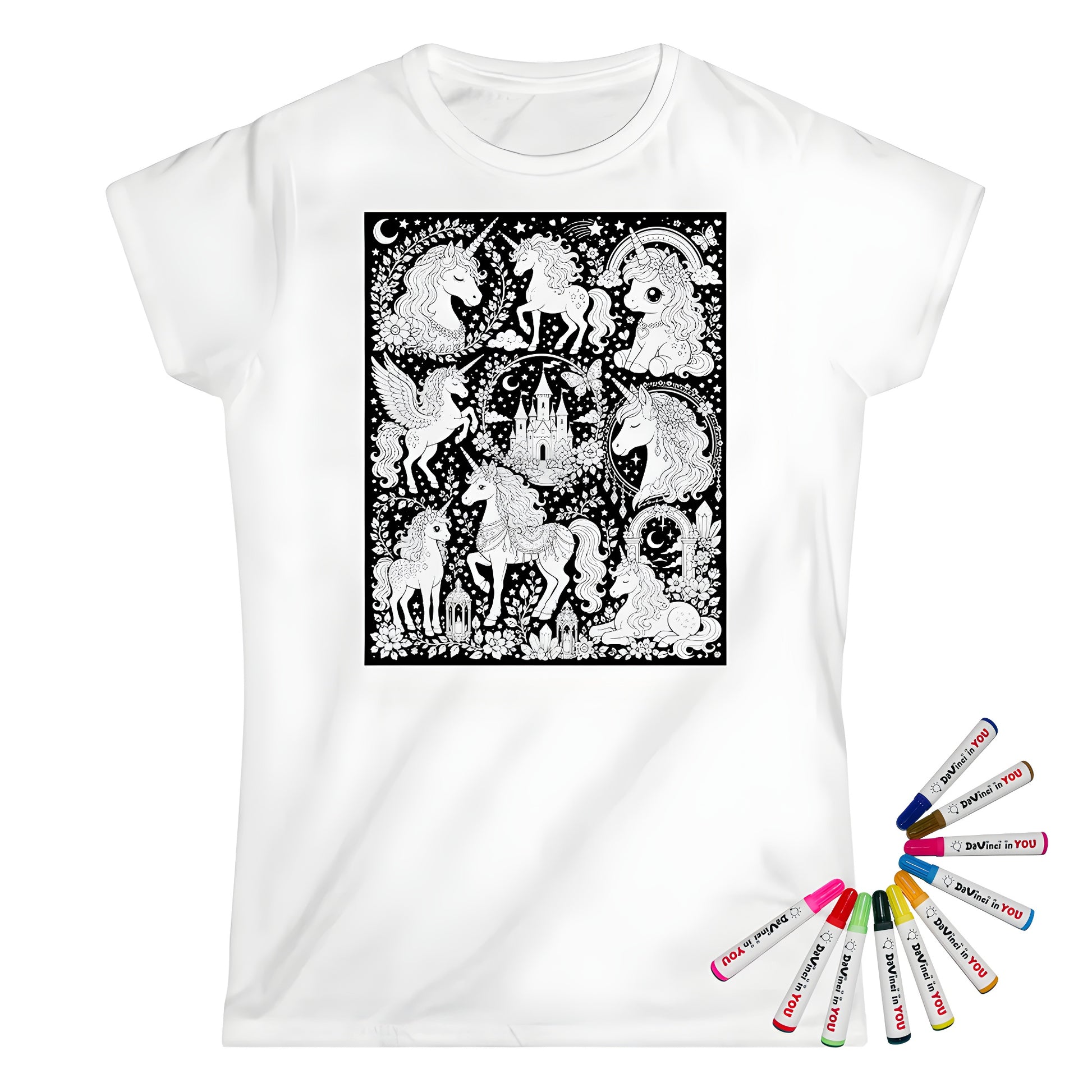Rainbow Unicorn Dreamscape Womens T-Shirt coloring kit mockup with white base, cotton, and graphic print
