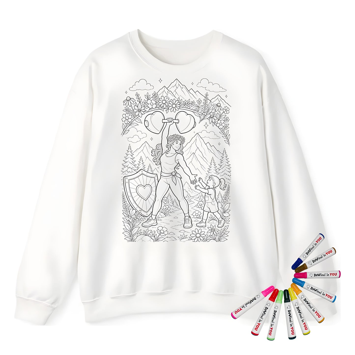 Strong Mom Adult Crewneck Sweatshirt coloring kit mockup with white base, cotton/polyester blend, and graphic print