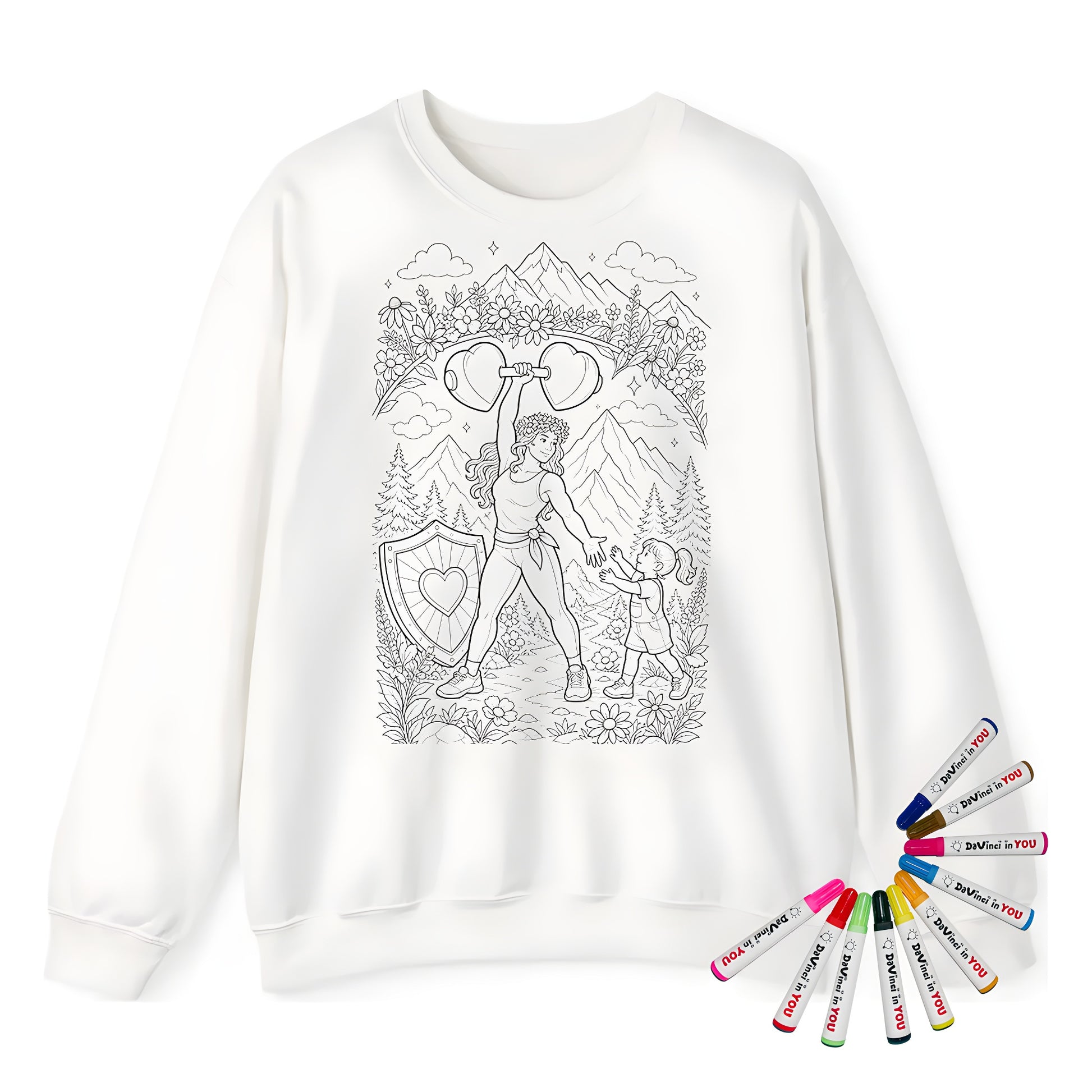 Strong Mom Adult Crewneck Sweatshirt coloring kit mockup with white base, cotton/polyester blend, and graphic print