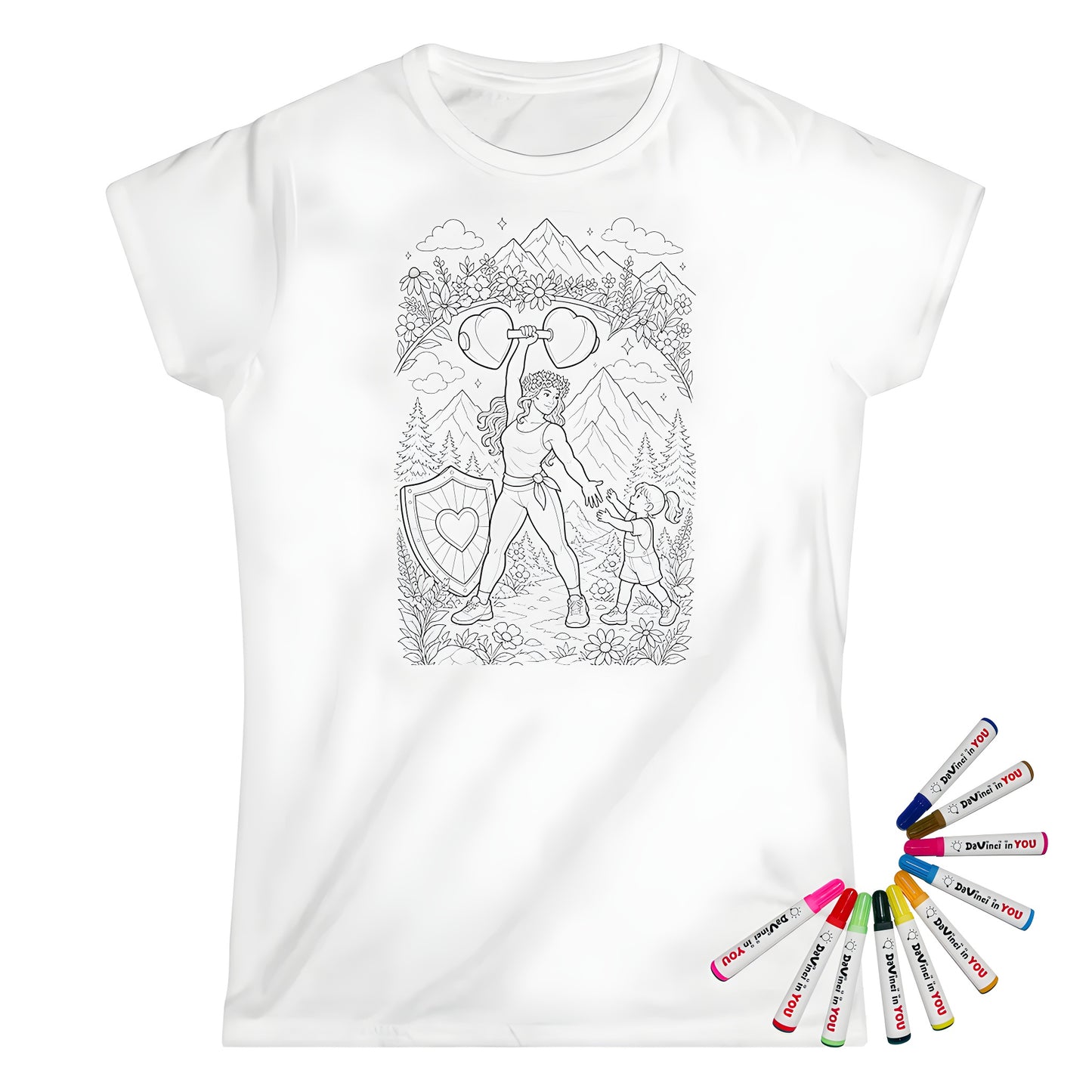 Strong Mom Womens T-Shirt coloring kit mockup with white base, cotton, and graphic print