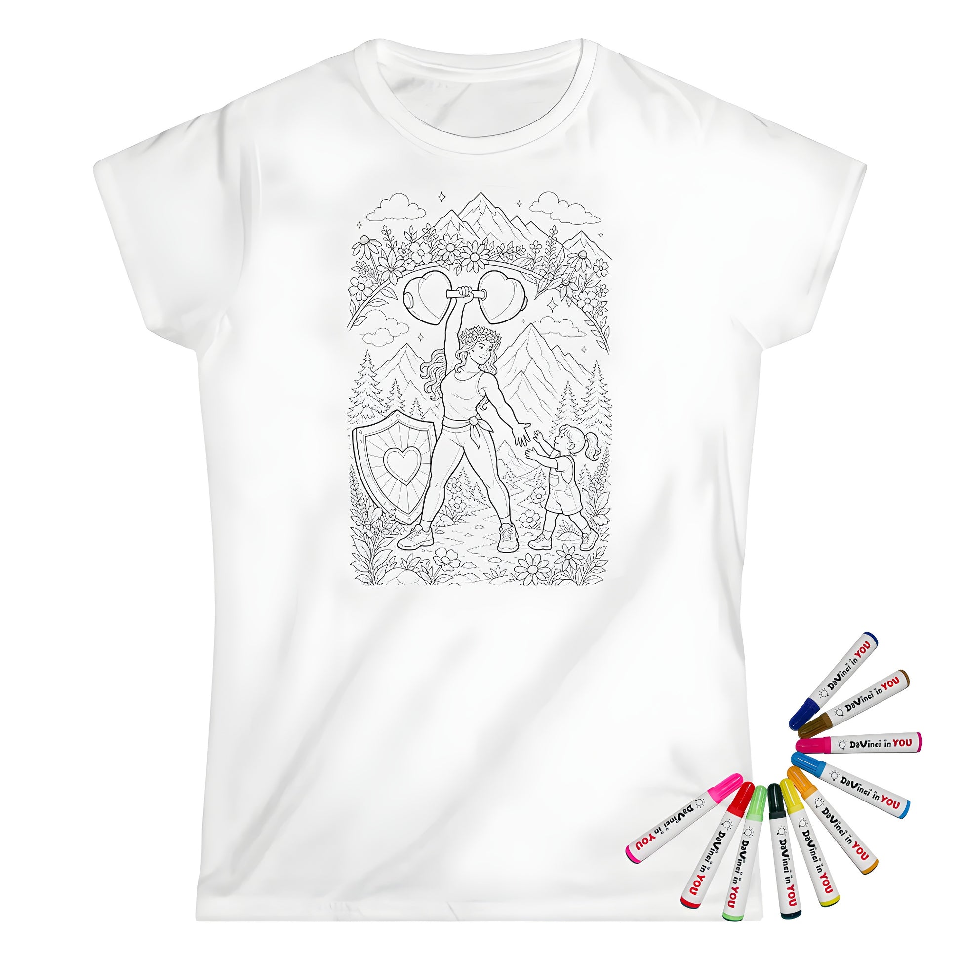 Strong Mom Womens T-Shirt coloring kit mockup with white base, cotton, and graphic print