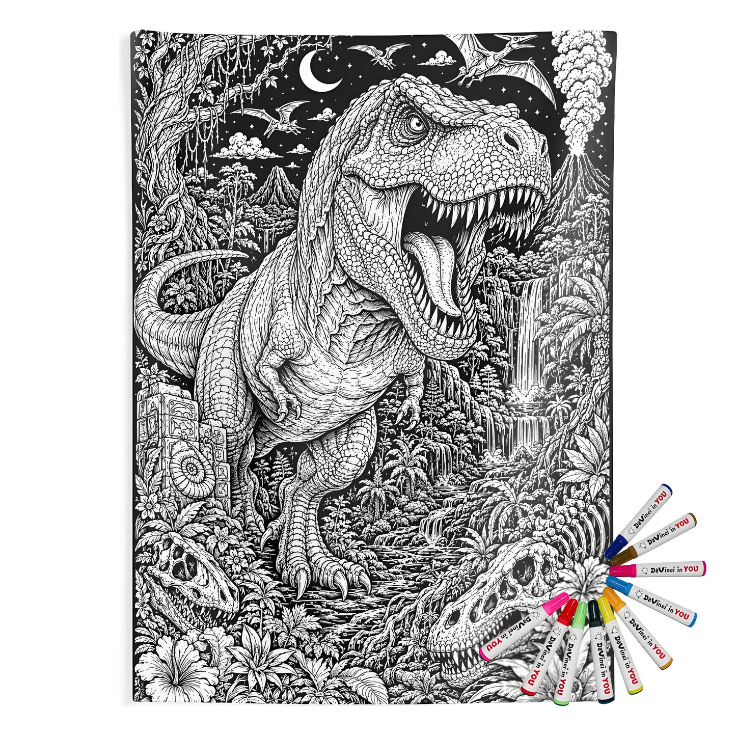 T Rex Rainforest Indoor Wall Tapestry coloring kit mockup with polyester and graphic print