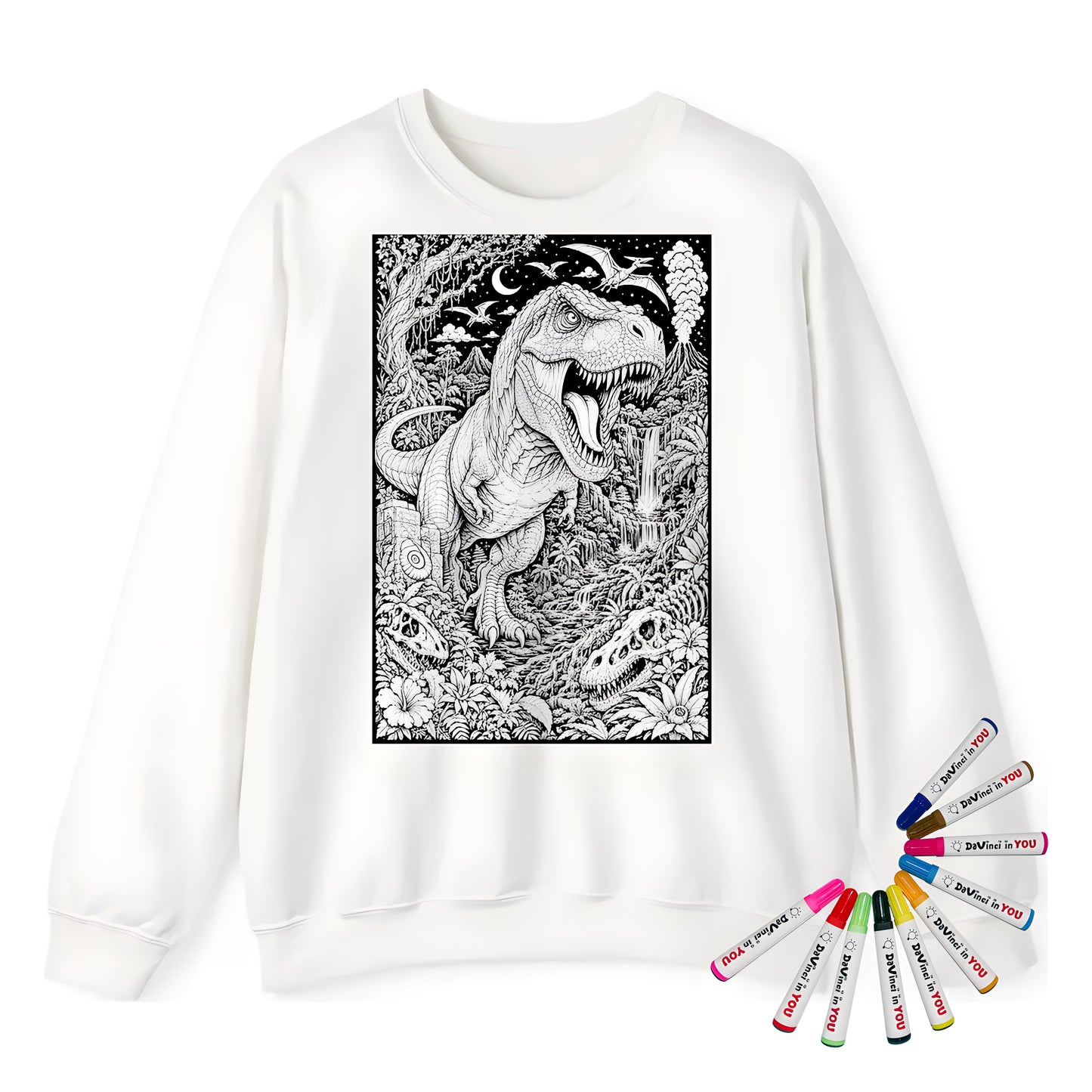 T Rex Rainforest Adult Crewneck Sweatshirt coloring kit mockup with white base, cotton/polyester blend, and graphic print