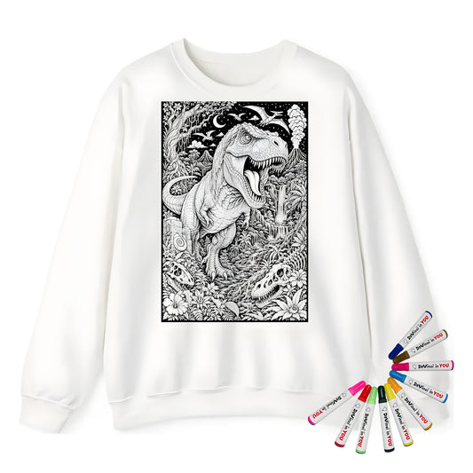 T Rex Rainforest Adult Crewneck Sweatshirt coloring kit mockup with white base, cotton/polyester blend, and graphic print