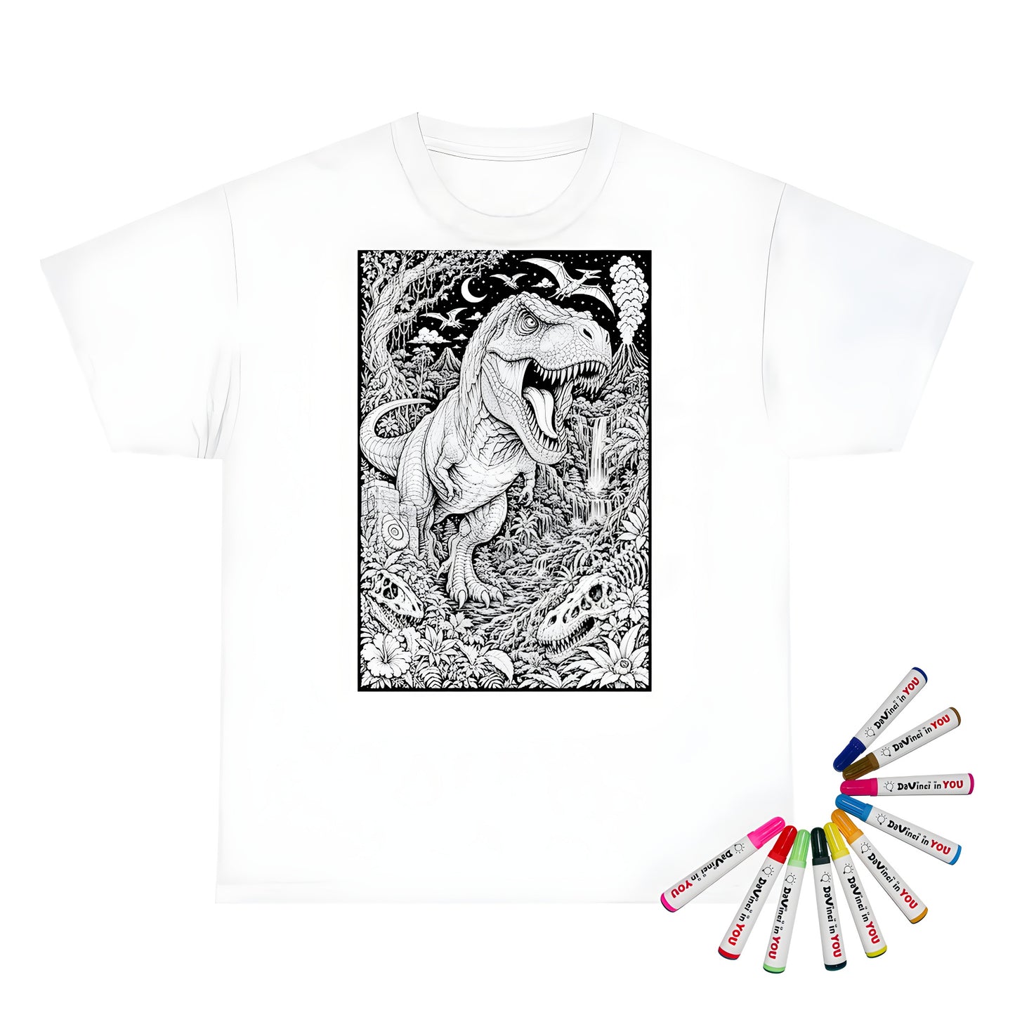 T Rex Rainforest Kids T-Shirt coloring kit mockup with white base, cotton, and graphic print