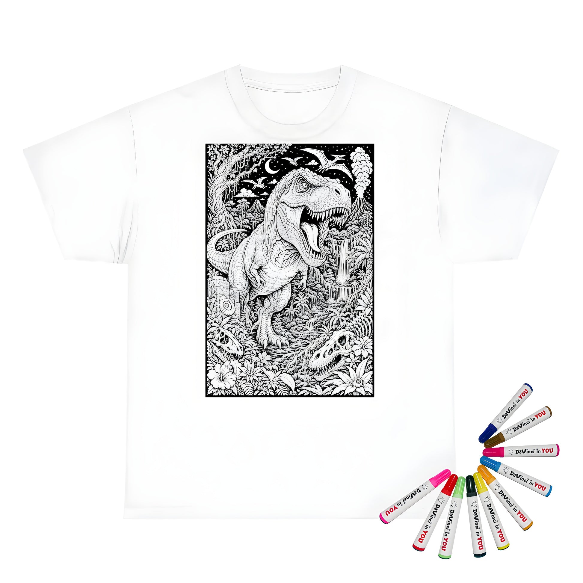 T Rex Rainforest Kids T-Shirt coloring kit mockup with white base, cotton, and graphic print