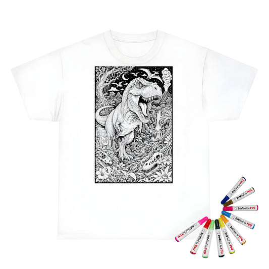 T Rex Rainforest Kids T-Shirt coloring kit mockup with white base, cotton, and graphic print