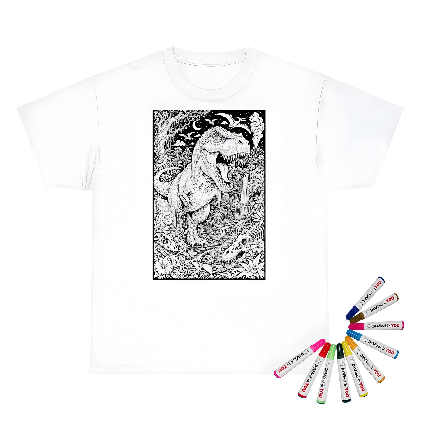 T Rex Rainforest Unisex T-Shirt coloring kit mockup with white base, cotton, and graphic print