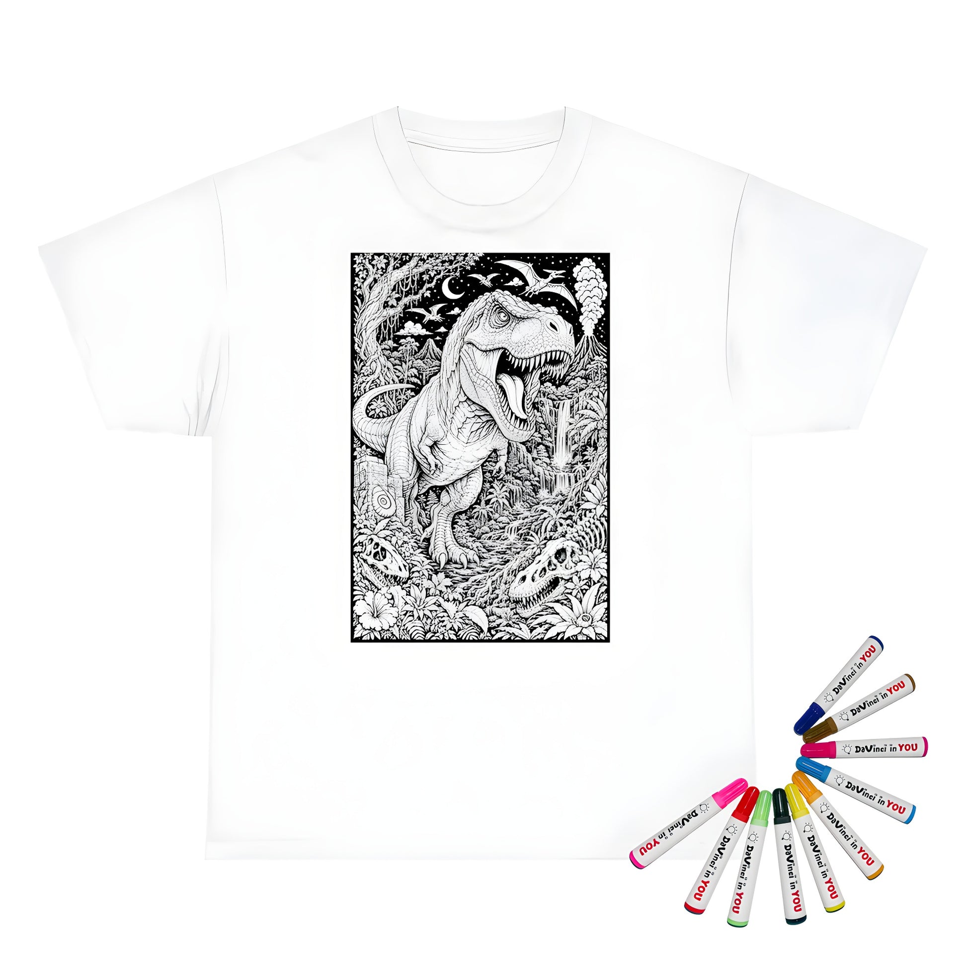 T Rex Rainforest Unisex T-Shirt coloring kit mockup with white base, cotton, and graphic print