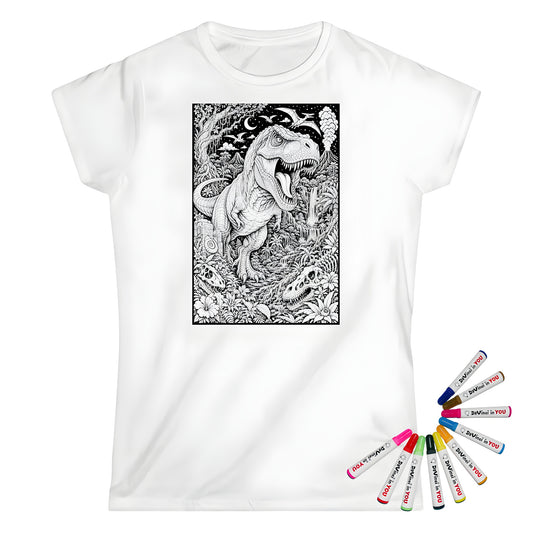 T Rex Rainforest Womens T-Shirt coloring kit mockup with white base, cotton, and graphic print