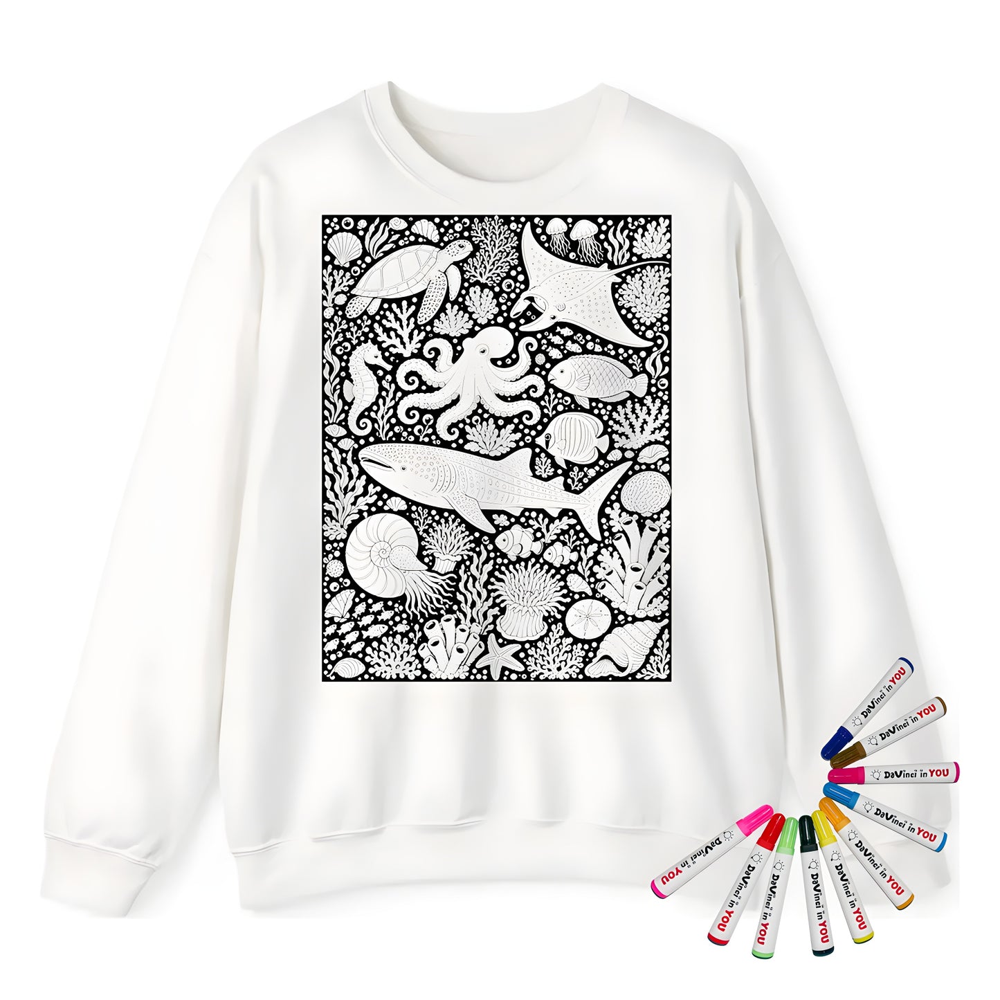 Tropical Coral Reef Adult Crewneck Sweatshirt coloring kit mockup with white base, cotton/polyester blend, and graphic print