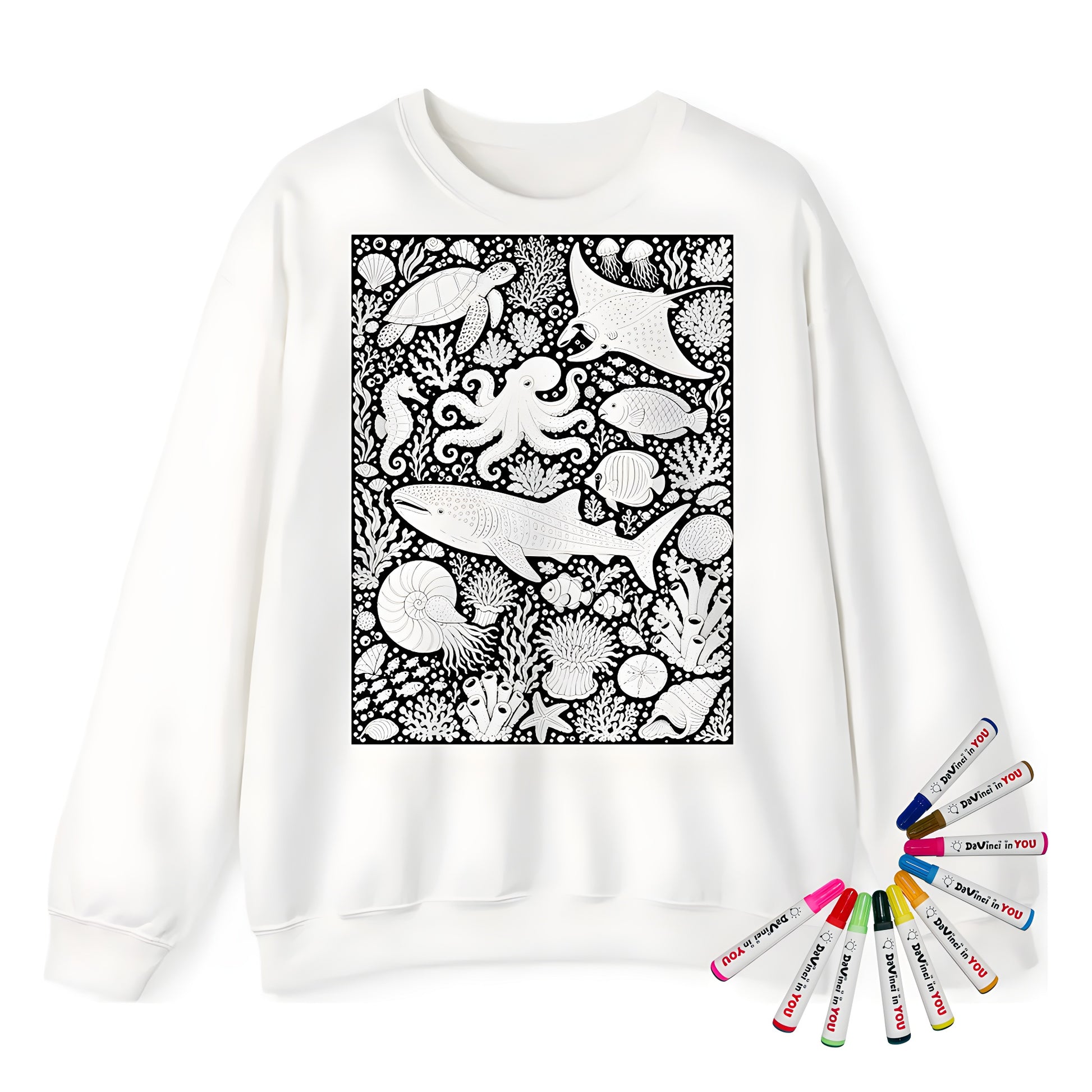 Tropical Coral Reef Adult Crewneck Sweatshirt coloring kit mockup with white base, cotton/polyester blend, and graphic print