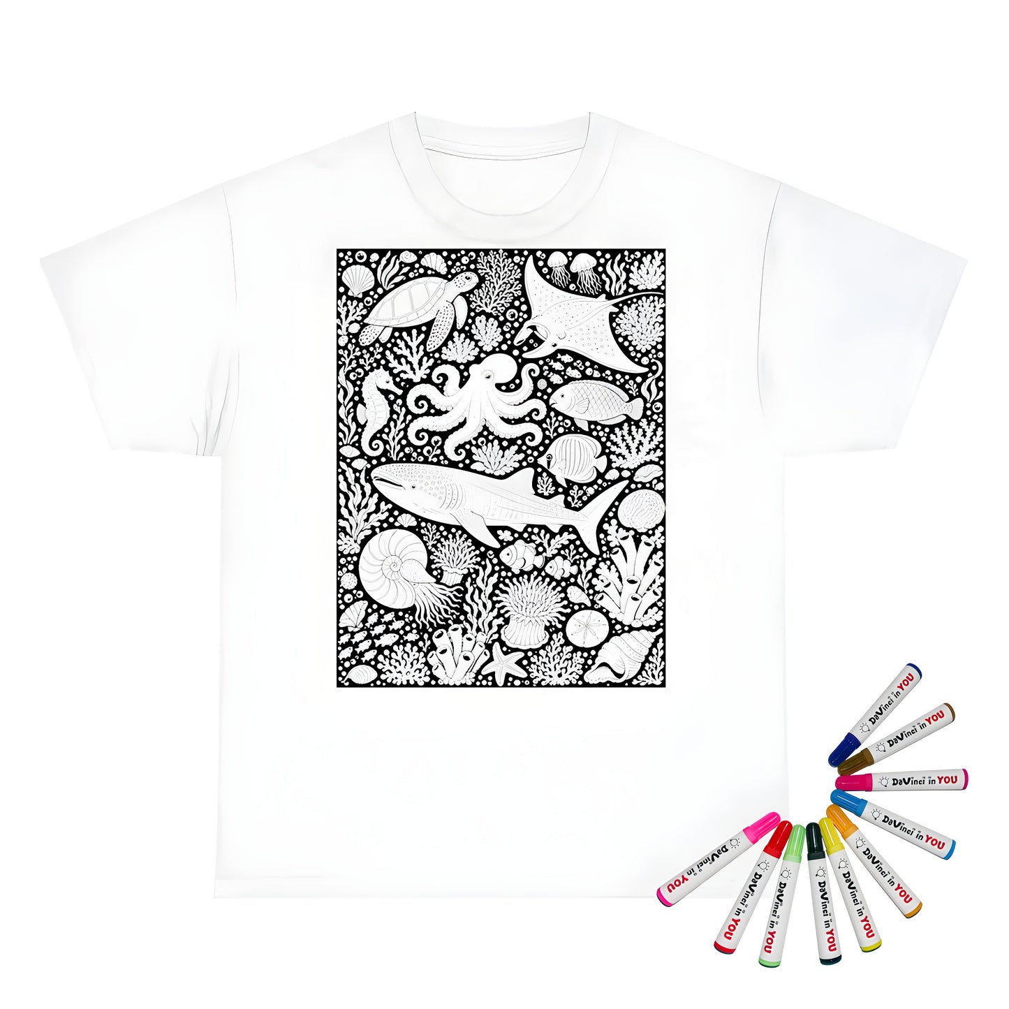 Tropical Coral Reef Kids T-Shirt coloring kit mockup with white base, cotton, and graphic print