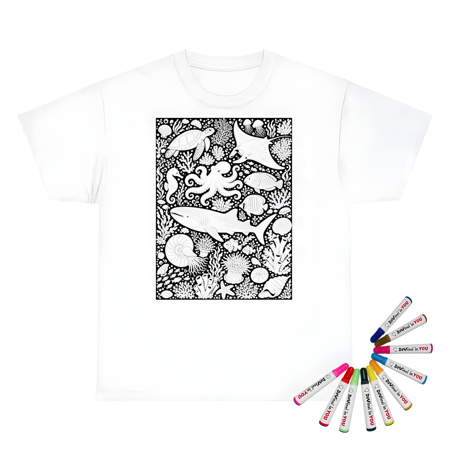Tropical Coral Reef Unisex T-Shirt coloring kit mockup with white base, cotton, and graphic print