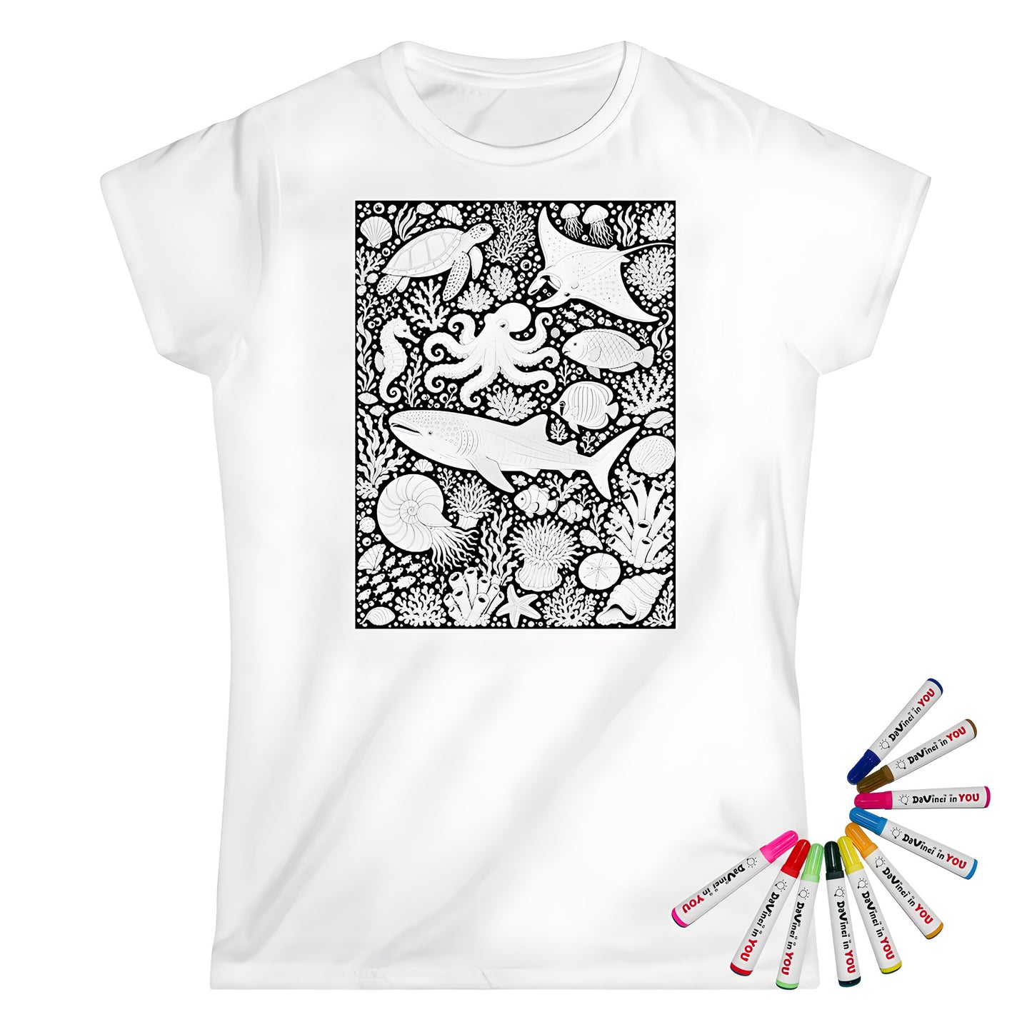 Tropical Coral Reef Womens T-Shirt coloring kit mockup with white base, cotton, and graphic print
