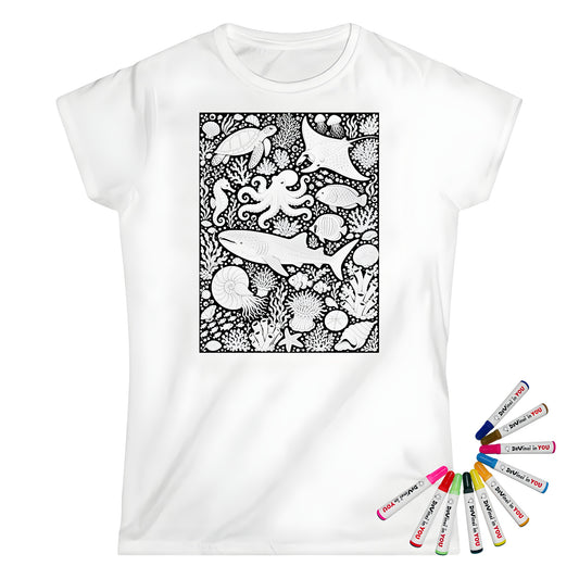 Tropical Coral Reef Womens T-Shirt coloring kit mockup with white base, cotton, and graphic print