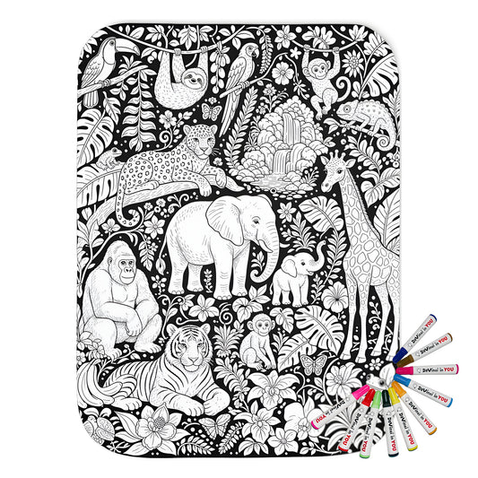 Tropical Jungle Safari Sherpa Blanket coloring kit mockup with polyester and graphic print