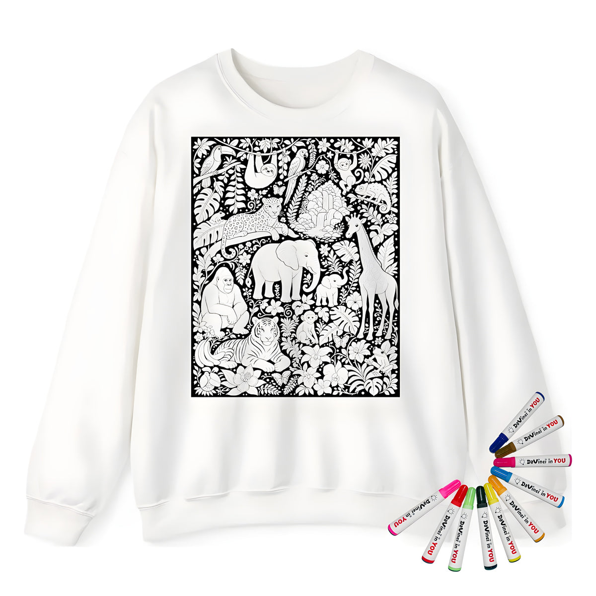 Tropical Jungle Safari Adult Crewneck Sweatshirt coloring kit mockup with white base, cotton/polyester blend, and graphic print