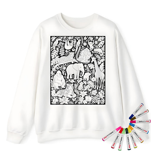 Tropical Jungle Safari Adult Crewneck Sweatshirt coloring kit mockup with white base, cotton/polyester blend, and graphic print