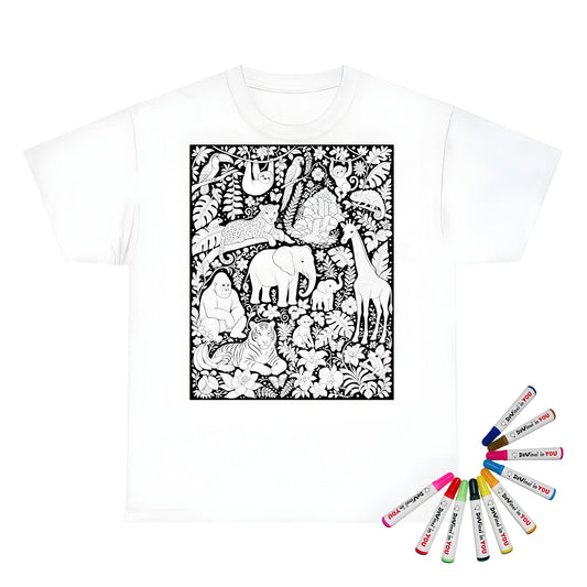 Tropical Jungle Safari Kids T-Shirt coloring kit mockup with white base, cotton, and graphic print